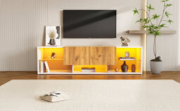 Tv Stand With 2 Drawers, 5 Open Storage Compartments And Led Lights, Wood & White - thumbnail 8