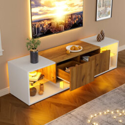 Tv Stand With 2 Drawers, 5 Open Storage Compartments And Led Lights, Wood & White - thumbnail 5