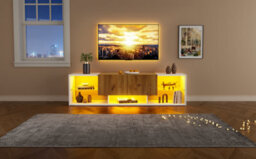 Tv Stand With 2 Drawers, 5 Open Storage Compartments And Led Lights, Wood & White - thumbnail 7