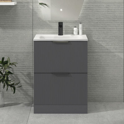 Royal Bathrooms Evora 600mm Graphite Grey Fluted Floor Standing Bathroom Vanity Unit 2 Drawer Cabinet With Stone Basin & Matt Black Handles - image 1