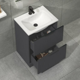 Royal Bathrooms Evora 600mm Graphite Grey Fluted Floor Standing Bathroom Vanity Unit 2 Drawer Cabinet With Stone Basin & Matt Black Handles - thumbnail 3