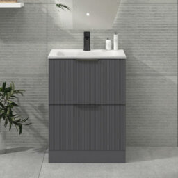 Royal Bathrooms Evora 600mm Graphite Grey Fluted Floor Standing Bathroom Vanity Unit 2 Drawer Cabinet With Stone Basin & Matt Black Handles
