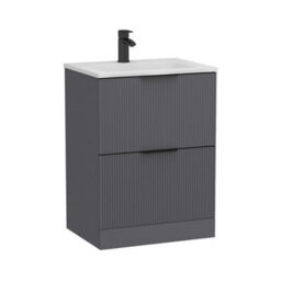 Royal Bathrooms Evora 600mm Graphite Grey Fluted Floor Standing Bathroom Vanity Unit 2 Drawer Cabinet With Stone Basin & Matt Black Handles - thumbnail 8