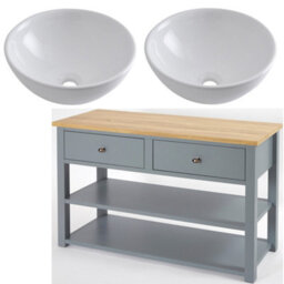 Homestylestore 1215mm Light Grey And Oak Bathroom Vanity Unit With Round Countertop Basins And Bronze Round Handles - thumbnail 1