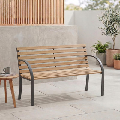 Garden Vida Slatted Bench Wooden Seater Outdoor Furniture Seating Wood Slats Steel Legs Park Patio Seat