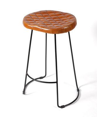 Elm Home And Garden Genuine Tan Brown Leather Top Bar Stool With Black Metal Frame H 70 X W 52 X D 36 Cm - image 1