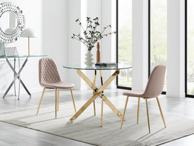 Furniturebox Uk Novara 100Cm Round Gold Leg Dining Table & 2 Cappuccino Corona Gold Chairs - image 1