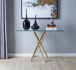 Furniturebox Leonardo Rectangular Glass Console Table With Gold Chrome Metal Angled Starburst Legs For Modern Living Room - thumbnail 2