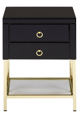 Orsina Black 2 Drawer Side Table, Gloss Finish Bedside Table With Gold Legs, Mirrored Glass Top Nightstand - image 1