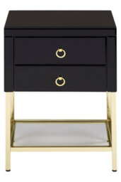 Orsina Black 2 Drawer Side Table, Gloss Finish Bedside Table With Gold Legs, Mirrored Glass Top Nightstand