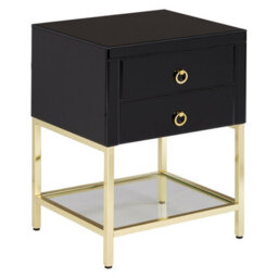 Orsina Black 2 Drawer Side Table, Gloss Finish Bedside Table With Gold Legs, Mirrored Glass Top Nightstand - thumbnail 5