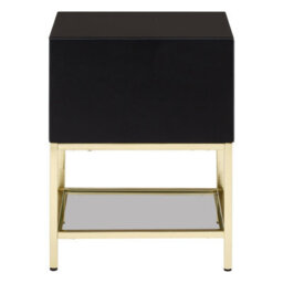 Orsina Black 2 Drawer Side Table, Gloss Finish Bedside Table With Gold Legs, Mirrored Glass Top Nightstand - thumbnail 3