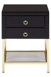 Orsina Black 2 Drawer Side Table, Gloss Finish Bedside Table With Gold Legs, Mirrored Glass Top Nightstand - thumbnail 7