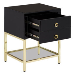 Orsina Black 2 Drawer Side Table, Gloss Finish Bedside Table With Gold Legs, Mirrored Glass Top Nightstand - thumbnail 6