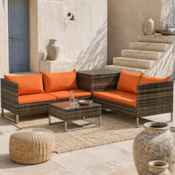 Wyld Haus Vemato 4-Seater Rattan Garden Sofa Set With Storage Table, Mixed Brown Rattan And Orange Cushions - thumbnail 1