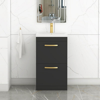 Royal Bathrooms Turin 500mm Floor Standing Vanity Unit Matt Black 2 Drawer Mid-Edge Basin With Brushed Brass Handles - image 1
