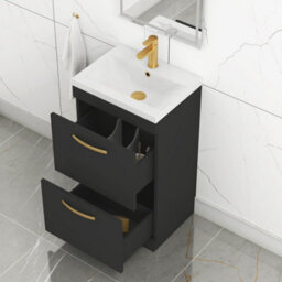 Royal Bathrooms Turin 500mm Floor Standing Vanity Unit Matt Black 2 Drawer Mid-Edge Basin With Brushed Brass Handles - thumbnail 5