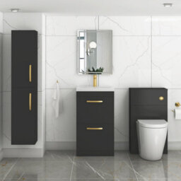 Royal Bathrooms Turin 500mm Floor Standing Vanity Unit Matt Black 2 Drawer Mid-Edge Basin With Brushed Brass Handles - thumbnail 4