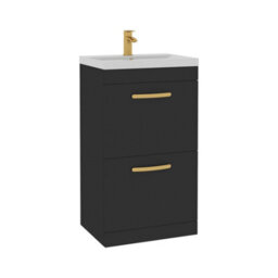 Royal Bathrooms Turin 500mm Floor Standing Vanity Unit Matt Black 2 Drawer Mid-Edge Basin With Brushed Brass Handles - thumbnail 6