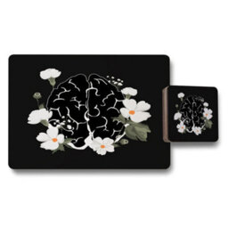 Benjamin Tate Design Designer Artwork Placemat Coaster Set With Wood Base, Limited Edition Black Floral Motif