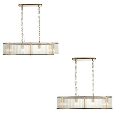 Loops Elegant 2 Pack Of Antique Brass Hanging Ceiling Pendant Lights With Ribbed Glass - image 1
