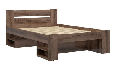 Impact Furniture Double Bed With Storage Side Shelving Dark Oak Effect Built In Shelves Headboard 140Cm Wooden Slats Nepo - image 1