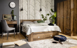 Impact Furniture Double Bed With Storage Side Shelving Dark Oak Effect Built In Shelves Headboard 140Cm Wooden Slats Nepo - thumbnail 6