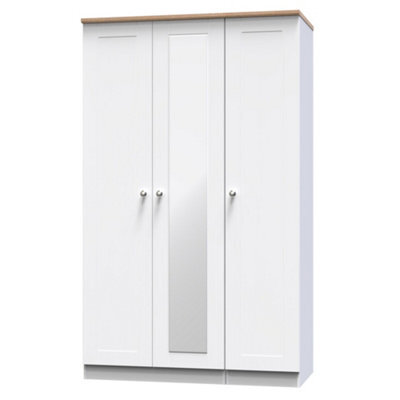 Santander Ready Assembled Traditional White & Oak Effect Tall Triple Wardrobe With 1 Mirror Door (H)1970mm (W)1110mm (D)530mm - image 1
