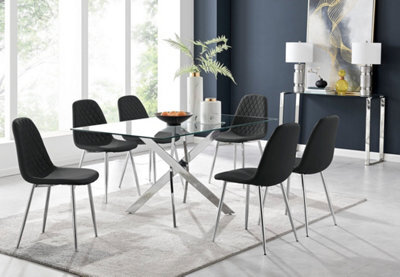 Furniturebox Uk Leonardo Glass And Chrome Metal Dining Table And 6 Black Corona Silver Chairs - image 1