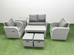 Fimous Light Grey Pe Wicker Rattan Garden Furniture Set Sofa Set Reclining Adjustable Chair 6 Seater 2 Small Stools Side Table - thumbnail 1
