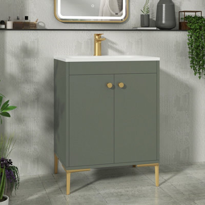 Royal Bathrooms Verona 600mm Matt Green Floor Standing Vanity Unit 2 Door With Stone Basin & Brushed Brass Knob - image 1