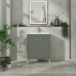 Royal Bathrooms Verona 600mm Matt Green Floor Standing Vanity Unit 2 Door With Stone Basin & Brushed Brass Knob - thumbnail 4