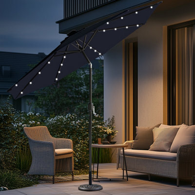 Sundaze Black 2.7M Round Garden Parasol Umbrella Outdoor Patio Solar Led Lights Crank Tilt With Base - image 1