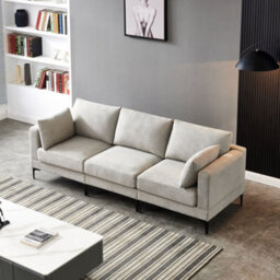 Grey 3-Seater Sofa Set With Pillows, Grey Sofa With Black Metal Legs