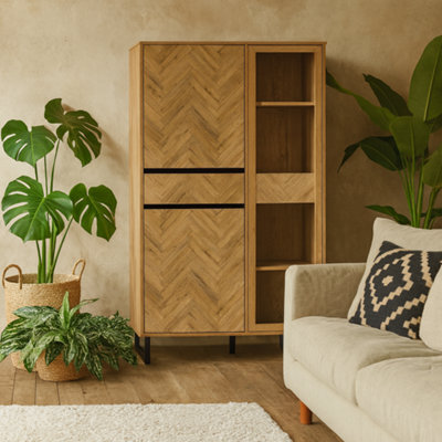 Wyld Haus Hanover Oak-Effect Display Cabinet 2 Doors 1 Drawer 8 Shelves Chevron Design - image 1