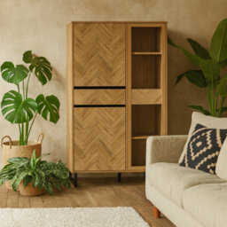 Wyld Haus Hanover Oak-Effect Display Cabinet 2 Doors 1 Drawer 8 Shelves Chevron Design - thumbnail 1