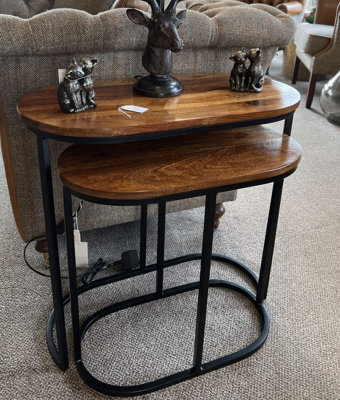 Elm Home And Garden Wooden Dark Brown Black Metal Oval Nest Of Two 2 Tables End Side Lamp H61 X W62 X D32Cm - image 1