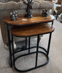 Elm Home And Garden Wooden Dark Brown Black Metal Oval Nest Of Two 2 Tables End Side Lamp H61 X W62 X D32Cm