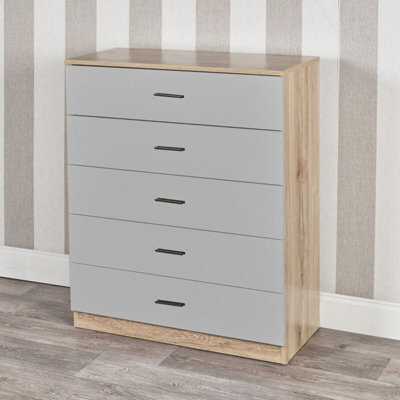 Urbn-Living Urbnliving Height 90.5Cm 5 Drawer Wooden Bedroom Chest Cabinet Modern Oak Carcass And Grey Drawers Wide Storage Cupboard Closet - image 1