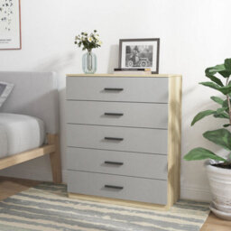 Urbn-Living Urbnliving Height 90.5Cm 5 Drawer Wooden Bedroom Chest Cabinet Modern Oak Carcass And Grey Drawers Wide Storage Cupboard Closet - thumbnail 3