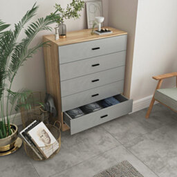 Urbn-Living Urbnliving Height 90.5Cm 5 Drawer Wooden Bedroom Chest Cabinet Modern Oak Carcass And Grey Drawers Wide Storage Cupboard Closet - thumbnail 2