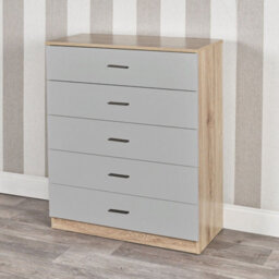 Urbn-Living Urbnliving Height 90.5Cm 5 Drawer Wooden Bedroom Chest Cabinet Modern Oak Carcass And Grey Drawers Wide Storage Cupboard Closet - thumbnail 1