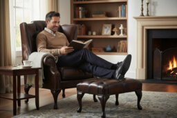 Chesterfield Flat Wing Chair + Footstool Antique Light Rust Leather In Mallory Style - thumbnail 3