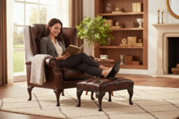 Chesterfield Flat Wing Chair + Footstool Antique Light Rust Leather In Mallory Style - thumbnail 2