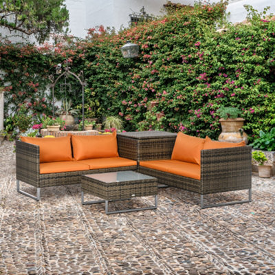 Outsunny Rattan Garden Furniture Set With Storage Table, Cushions, Orange - image 1