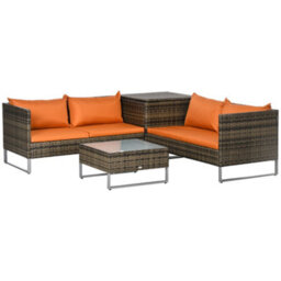 Outsunny Rattan Garden Furniture Set With Storage Table, Cushions, Orange - thumbnail 2