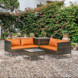Outsunny Rattan Garden Furniture Set With Storage Table, Cushions, Orange