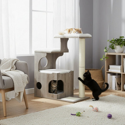 LEDREM Modern Cat Tree, 86 Cm With Cat Cave, 3 Perches, Scratching Post And Mat, Removable Washable Plush Cushions, Greige And White - image 1