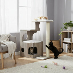 LEDREM Modern Cat Tree, 86 Cm With Cat Cave, 3 Perches, Scratching Post And Mat, Removable Washable Plush Cushions, Greige And White - thumbnail 1
