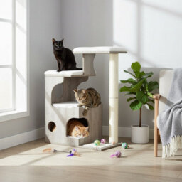 LEDREM Modern Cat Tree, 86 Cm With Cat Cave, 3 Perches, Scratching Post And Mat, Removable Washable Plush Cushions, Greige And White - thumbnail 6